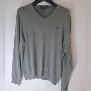 Polo Ralph Lauren Men’s Pima Cotton V-Neck Gray Sweater Size XL Green Pony Logo